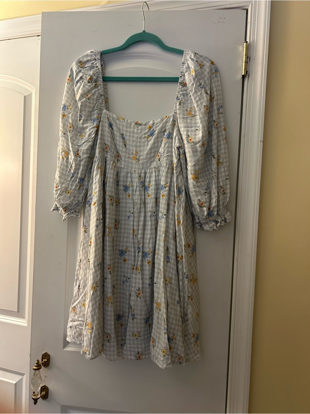 SWEET EN FORME Smocked Back Square-Neck Floral Mini Dress in Light Blue & Yellow